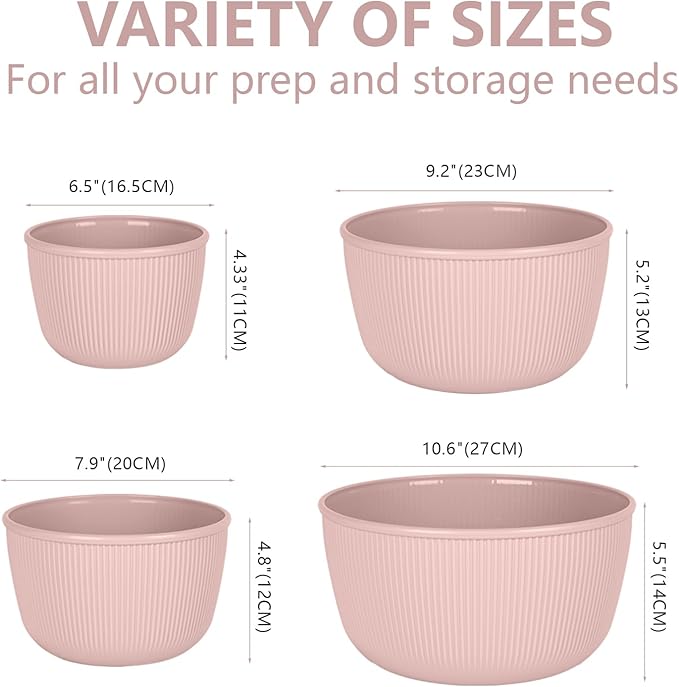 BoxedHome Mixing Bowls with Lids Set, 4 Packs BPA-Free Plastic Prep Bowls for Kitchen, Dishwasher & Microwave Safe, Pink