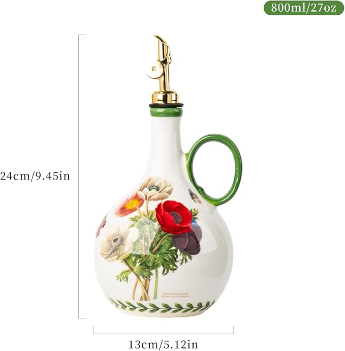 Ceramic Olive Oil Dispenser, 27 oz Floral Pattern Cruet with Auto-Close Spout, 9.45" Tall, Decorative Oil and Vinegar Bottle (Papaver rhoeas)
