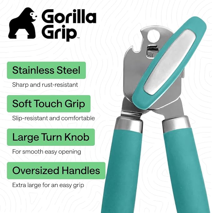 GORILLA GRIP Heavy Duty Stainless Steel Smooth Edge Manual Can Opener and Bottle Openers, Soft Comfortable Handle, Oversized Handheld Turn Knob, US Designed Multifunctional Kitchen Tool, Turquoise