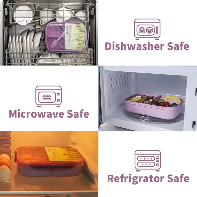 Wheat Straw Lunch Box, Leakproof 3-Compartment Bento Box for Kids & Adults, BPA-Free, Microwave & Dishwasher Safe, 5.5 Cup/1400 ml, Purple