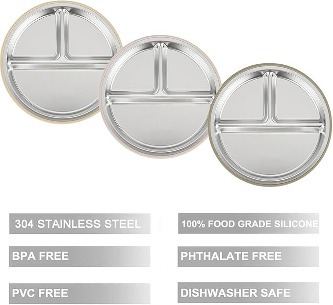 PandaEar 3 Pack Stainless Steel Baby Suction Plates, Divided Toddler Plate for Baby Led Weaning Supplies, Non-Slip Toddler Baby Feeding Set Dishwasher Safe (Linen/Brown/Tan)