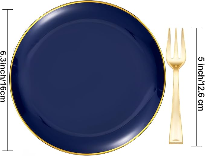 Festiva 200Pcs Navy Blue Gold Dessert Plates 6.3" with Plastic Forks 5"- Small Disposable Plates- Dessert/Cake/Appetizer Plastic Plates include 100Plates 100Forks for Birthday Party & Ramadan