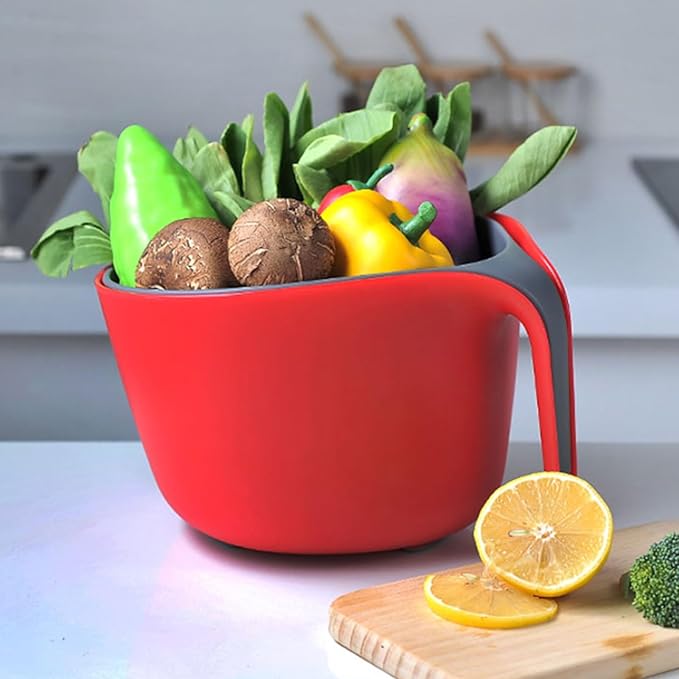 2 Pcs Plastic Mixing Bowls with Colander, 5qt - Nesting Bowls for Kitchen Cooking and Baking Supplies, Red & Gray (Red)