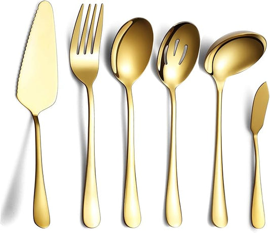6-Piece Gold Serving Flatware Set - Stainless Steel Utensil Set, Includes Cake Server, Slotted Spoon, Serving Spoon, Meat Fork, Butter Knife, Soup Ladle