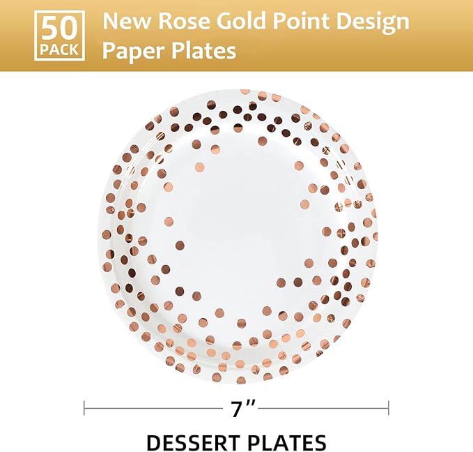 Rose Gold Dots Party Paper Plates, 50 PCS Disposable Party Supplies Dessert Paper Plates for Birthday,Wedding Birdal Christmas Baby Shower (7 inches)