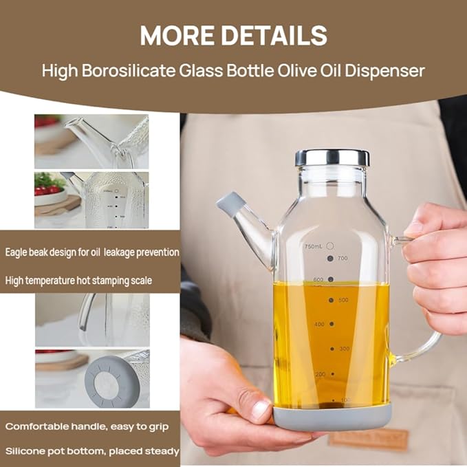 High Borosilicate Glass Oil Bottle-Olive Oil Dispenser for Kitchen-Soy Sauce and Vinegar Dispenser Bottle- Cooking Container Cruet-Oil Dispensing Bottles(Transparent, Large/750ml)