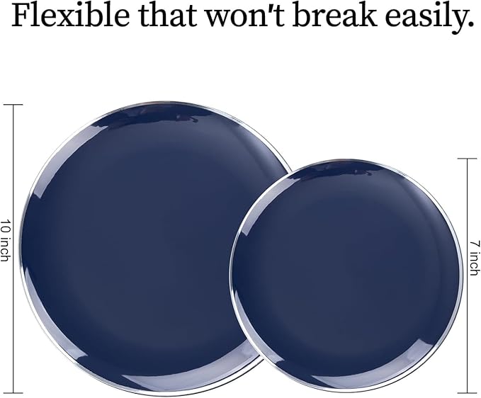 KIRE 200PCS Blue Plastic Plates with Silver Rim - Navy Blue Plastic Plates Include 100 Dinner & Dessert Plate - Heavy Duty Dark Blue Disposable Plate for Passover/Parties/Wedding