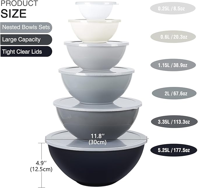 5-Piece Plastic Mixing Bowls with Lids Set for Kitchen, Nesting Bowls for Mixing, Baking, Prepping, Cooking and Serving Food, Mixing Bowls Dishwasher, Microwave Safe (Gray)