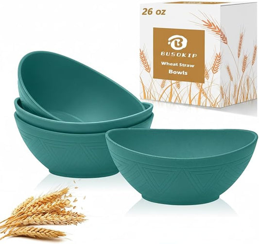 Wheat Straw Cereal Bowls Set of 4, Plastic Bowls Reusable 26 OZ, Unbreakable Bowl for Kitchen, Salad, Fruit, Cereal, Popcorn, Dishwasher and Microwave Safe Serving Bowl for Camping - Green