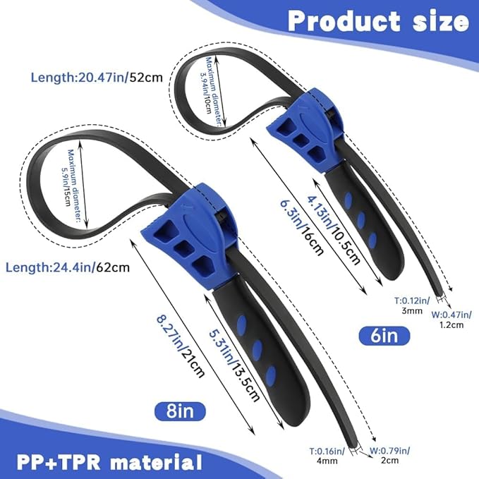 2-Pack Adjustable Rubber Strap Wrench Set – 25.20" & 20.48" Heavy-Duty Strap Wrench for Oil Filter, Jar Opener, Water Filter, Plumbing, Sink, Faucet – Non-Slip Multipurpose Wrench Tool (Blue)