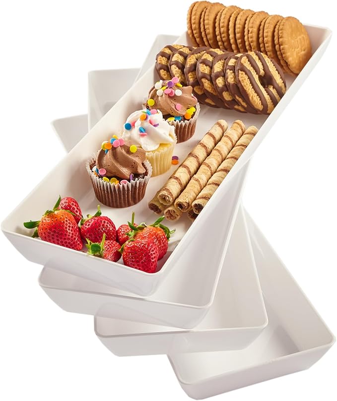 US Acrylic Avant White Plastic Serving Trays (Set of 4) 15” x 5” | Narrow Reusable Rectangular Party Platters | Serve Appetizers, Fruit, Veggies, & Desserts | BPA-Free & Made in USA