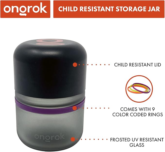 ONGROK Glass Storage Jar, 80ml, 6 Pack | UV Herb/Spice Jar with Child‑Resistant Lid, Color‑Coded Glass Containers to Preserve Smell and Aroma