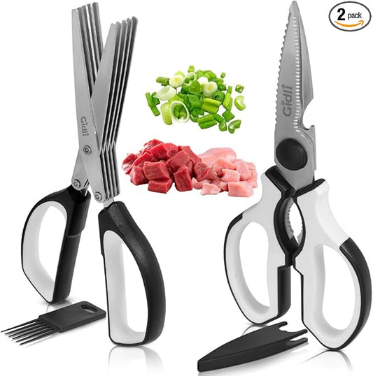 Gidli 5 Blade Herb Scissors Set with Heavy Duty Kitchen Shears - Stainless Steel Vegetable Scissors for Fresh Herbs and Salad Prep - Dishwasher Safe 2 Pack with Protective Cover