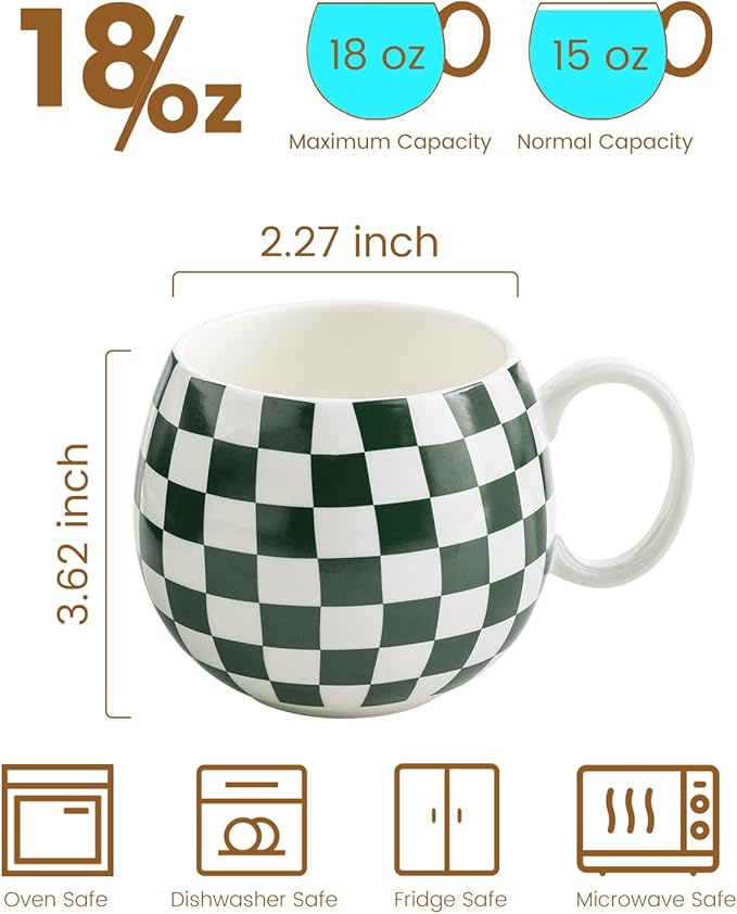 LAUCHUH 18oz Coffee Mugs, Large Coffee Cups Ceramic Checkered Cappuccino Cups with Handle Mug Set of 6 for Mother's Day, Tea, Cocoa, Milk, Green and White