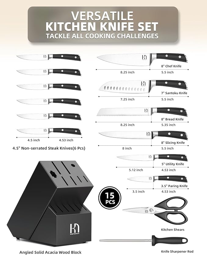 Knife Set 15 Pcs High Carbon Stainless Steel Kitchen Knife Sets with Block & Sharpener, Premium Razor-Sharp Black Knives Block Set for Kitchen, Ergonomic Full-Tang Handle