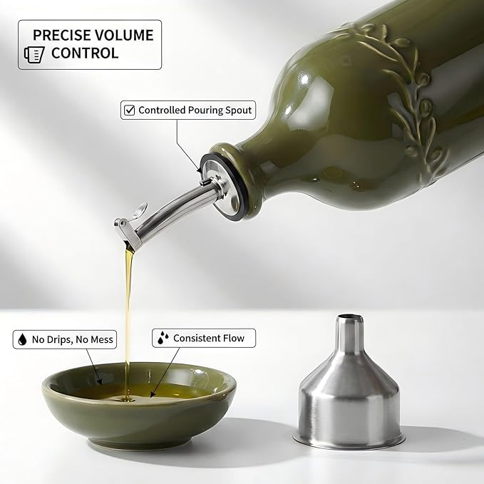 ONEMORE Ceramic Olive Oil Dispenser Bottle with Pour Spouts & Funnel, 17 oz Refillable Kitchen Oil Dispenser for Cooking, Drizzling, Dressing, Modern Leakproof Oil and Vinegar Dispenser, Olive Green