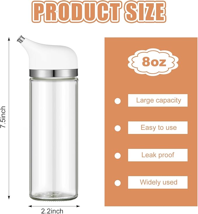 1 Pcs Cruet Dispenser Set 8 oz, White Glass Soy Sauce Dispenser, Small Olive Oil and Vinegar Bottles, Soy Sauce Bottle, Non Drip Spout Cruet Bottle for Kitchen Cooking