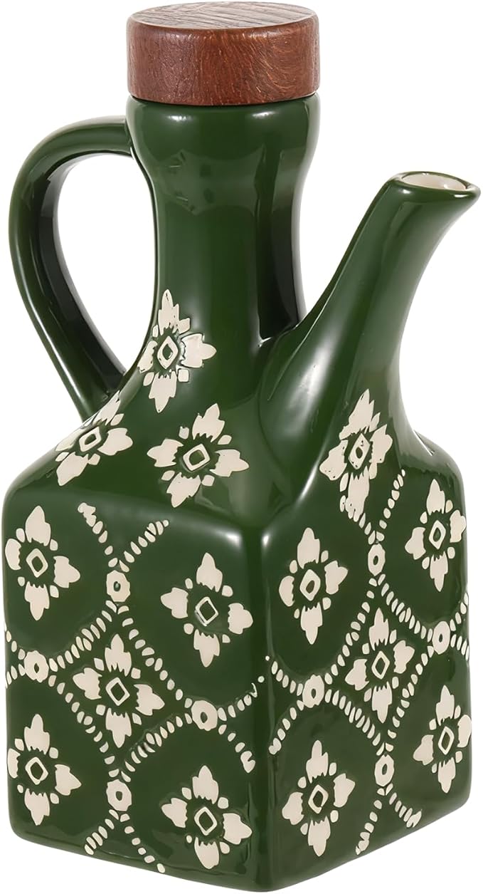 8.5 oz Green Ceramic Olive Oil Dispenser Bottle Decorative Olive Oil Dispenser Bottle with Handle & Wooden Stopper Relief Opaque Ceramic Oil Cruet for Kitchen Cooking Oil Vinegar
