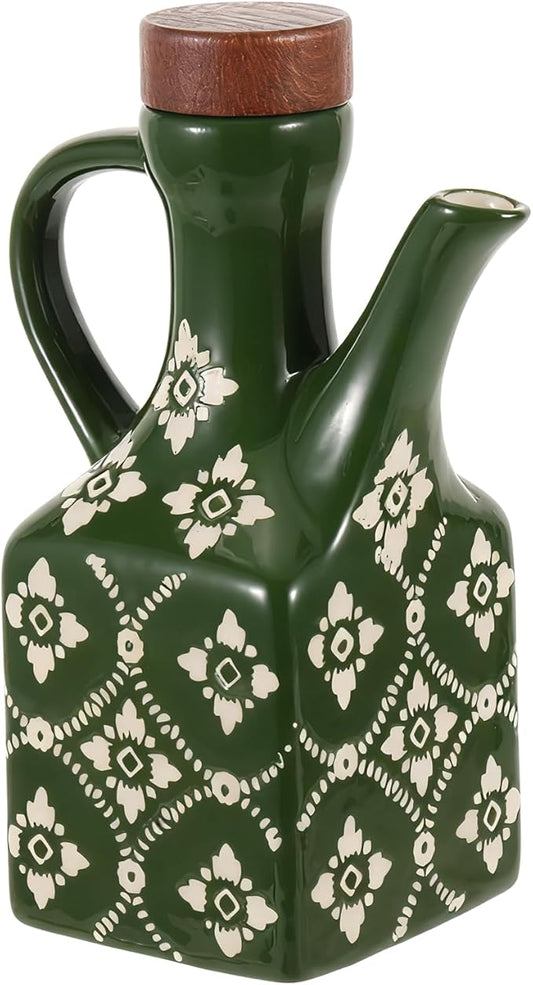 8.5 oz Green Ceramic Olive Oil Dispenser Bottle Decorative Olive Oil Dispenser Bottle with Handle & Wooden Stopper Relief Opaque Ceramic Oil Cruet for Kitchen Cooking Oil Vinegar