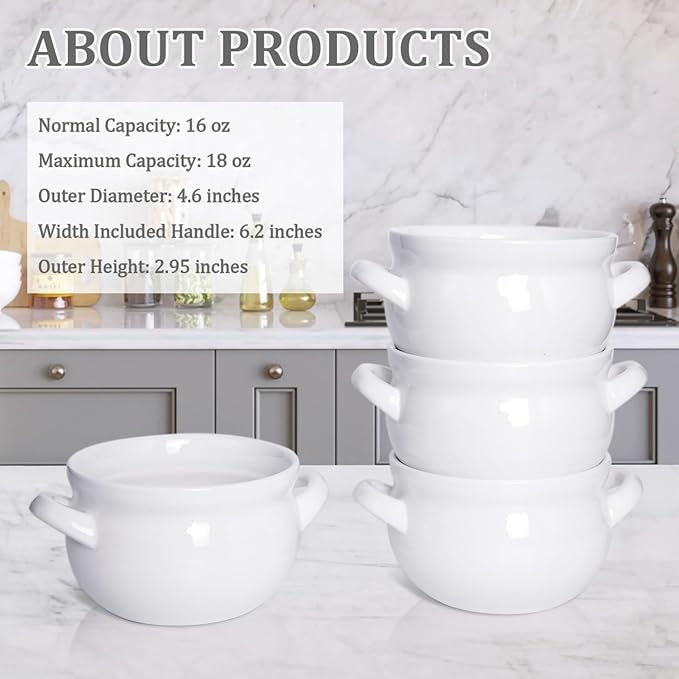 Soup Bowls with Handles, 16 Oz Ceramic French Onion Soup Bowls - Stackable Oven Safe Bowls Serving Soup Crocks for Soup, Cereal, Chilli, Pot Pies, Set of 4, White