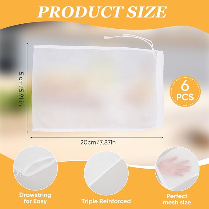 6Pack Nut Bag Strainer 8 x 6 Inch Cheesecloth Bags for Straining Nylon Cheese Cloth Bags Reusable Nut Milk Bag 200 Mesh Fine Mesh Bag for Straining Fruit Juice Cheese Coffee Tofu Yogurt Tea