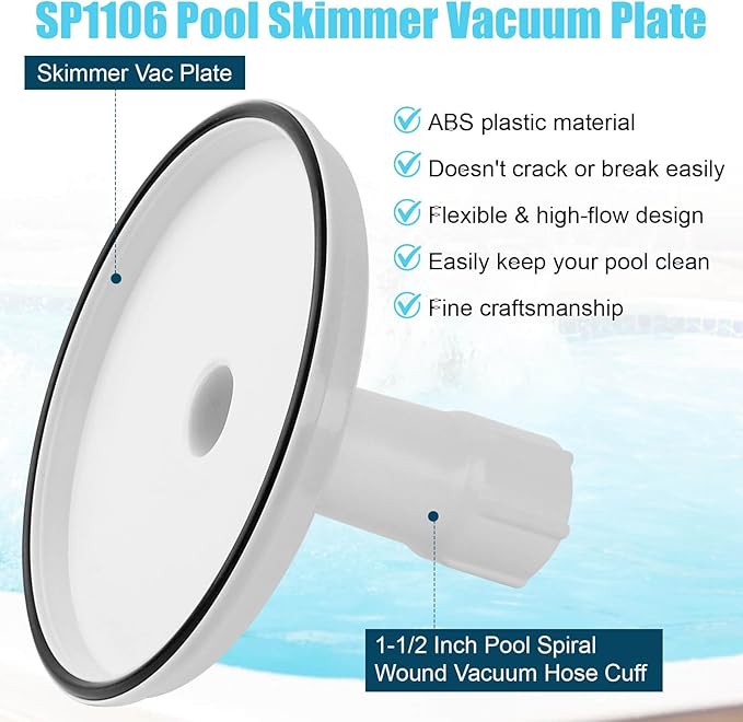 SP1106 Pool Skimmer Vacuum Plate and 1-1/2" Pool Spiral Wound Vacuum Hose Cuff for Hayward SP1082 1084 1085 1075 In-Ground Pool Skimmer - Connects Vacuum Head & Skimmer Threaded ABS Plastic