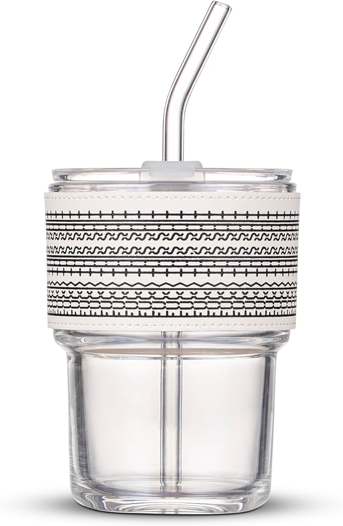 13oz/400ml Glass Water Tumbler with Straw and Lid Sealed Carry on Thick Wall Iced Coffee Cup for Water, Iced Tea, Fruit Juice