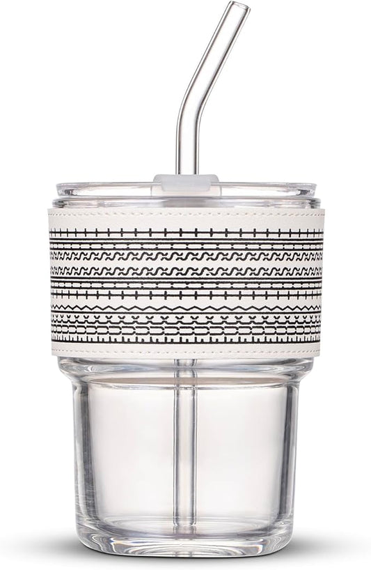 13oz/400ml Glass Water Tumbler with Straw and Lid Sealed Carry on Thick Wall Iced Coffee Cup for Water, Iced Tea, Fruit Juice