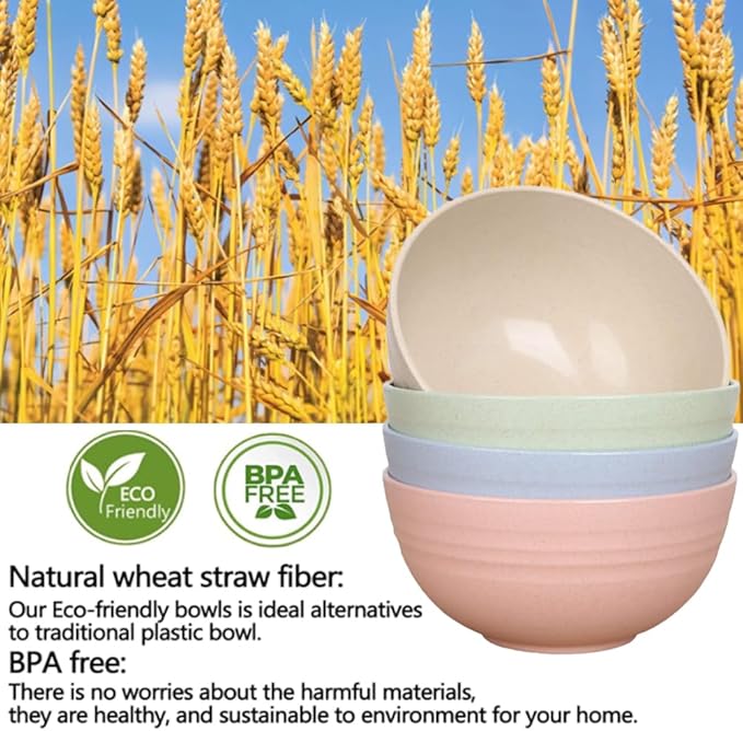 Unbreakable Cereal Bowls 24 oz - Reusable Wheat Straw Bowl - Dishwasher -Microwave Safe - Bamboo Kids Bowls Set, Soup Salad Rice Oatmeal Desserts- BPA Free, Eco-Friendly