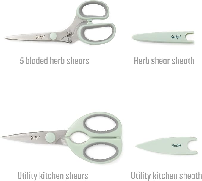 Goodful Utility Kitchen Shear and 5-Blade Herb Shear Set, Premium Stainless Steel Blades with Protective Guards, Comfort Grip Handles, Built-in Herb Shear Cleaning Comb, 2-Piece Set, Sage Green