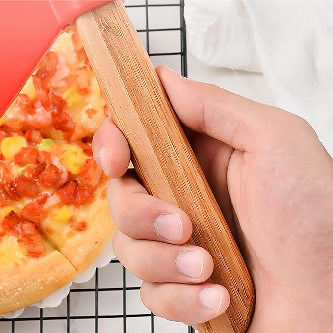 2Pcs Pizza Cutter Wheel, Axe Shaped Stainless Steel Pizza Knife With Bamboo Handles and Sharp Rotating Blades, Pizza Slicer Rolling Cutter for Pies, Cookies, Bread, Cakes (Red)