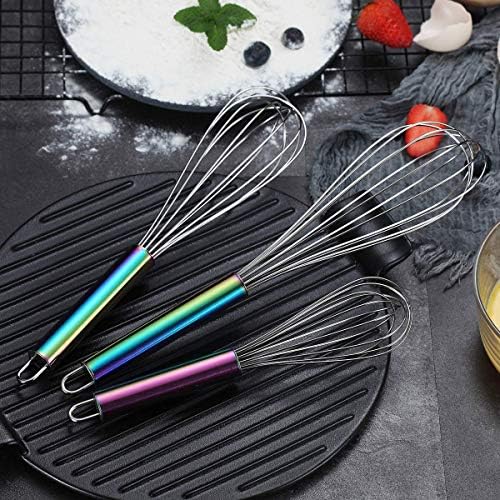 Berglander Rainbow Handle Whisk Pack of 3 Stainless Steel 8",10",12", Titianium Plating Colorful Handle Whisks for Cooking, Beater,Wire Whisk Set Kitchen Wisk (Rainbow Handle)