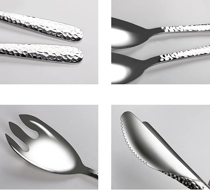 Salad Spoon and Fork Stainless Steel Tong Serving Set, Heavy Duty Hammered Finish Serving Utensils Large Salad Servers for Kitchen Party Buffet Supply (Silver)