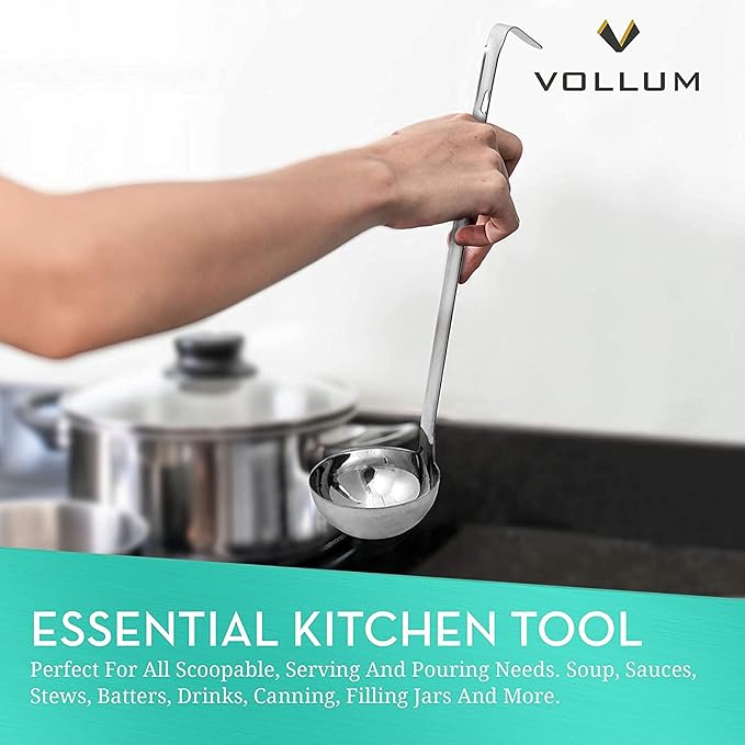 1-Piece Ladle Heavy Duty Thick Stainless Steel - 12 Ounce (4.5" Bowl Diameter, 16" Handle Length)