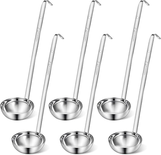 6 Pcs Stainless Steel Ladle Soup Handle Ladle with Long Hooked Handles Metal Kitchen Soup Ladles Spoon Cooking Utensil for Serving, Cooking, Stirring, Portioning Kitchen Restaurant Accessories(6 oz)
