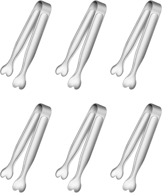 6 Pcs Mini Serving Tongs, 4.3 Inch Heart-Shaped Small Ice Tongs, Food Grade Stainless Steel Silver Tongs for Sugar Cube, Appetizers, Dessert, Tea Party, Home Kitchen, Coffee Bars, Dishwasher Safe