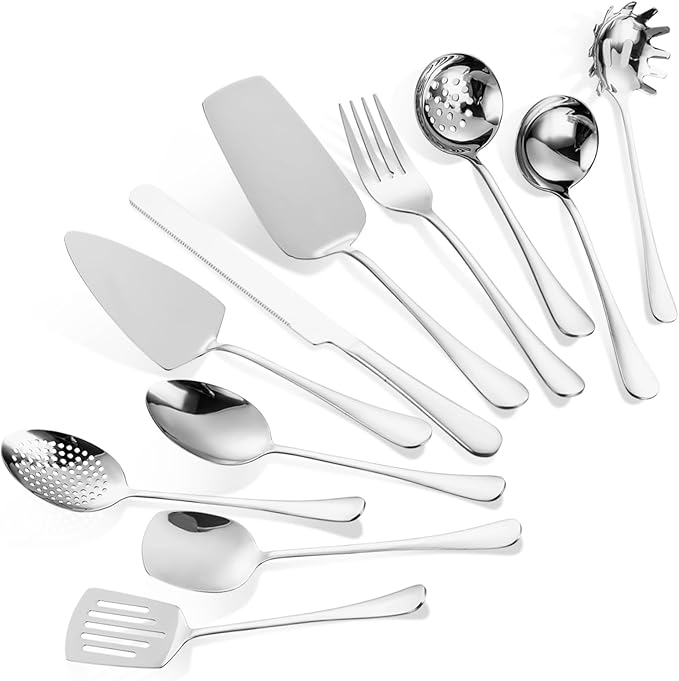 Stainless Steel Kitchen Utensils Set 11 Pcs Cooking Utensils Hostess Serving Heat Resistant Kitchen Essentials Metal Kitchen Gadgets Accessories,for Buffet,Wedding,Party Dishwasher Safe