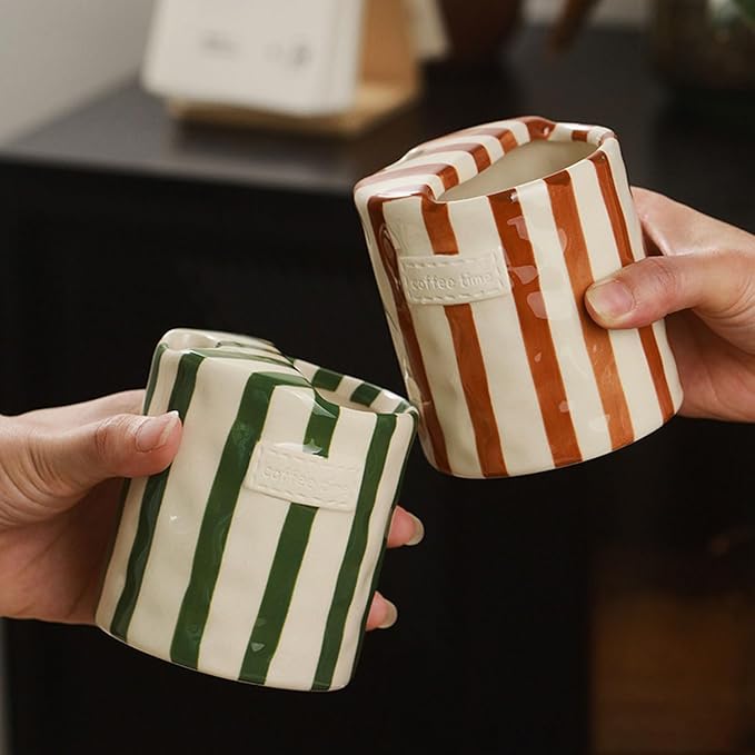 Ceramic Coffee 10oz Mug Hand-Painted Espresso Cup，Retro Ceramic Travel Mug For Kitchen, Dining-Green，Microwave Safe (Green Stripes)