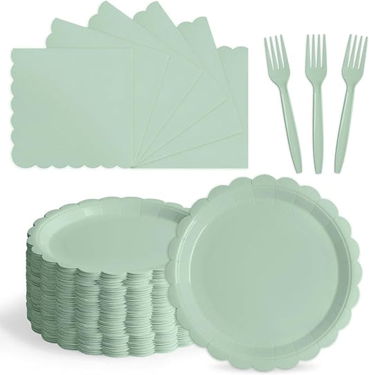 105PCS Paper Plates and Napkins Set,7 Inch Scalloped Disposable Tableware with Forks for Birthdays, Garden Parties & Outdoor Events,Serves 35 (Sage Green)