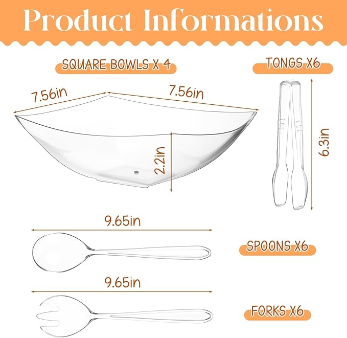 22 Pcs 32 oz Clear Plastic Serving Salad Bowl with 9'' Plastic Serving Spoons Forks and Tongs Disposable Utensils for Weddings Catering Birthday Party Supplies