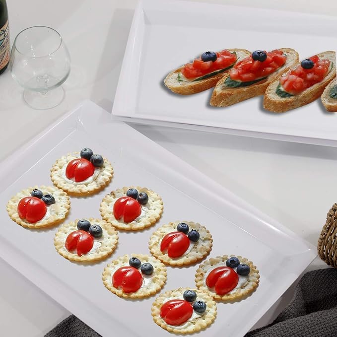 I00000 8 Pack White Plastic Serving Tray, 15" x 10" Rectangle Food Trays, Disposable Serving Platter for Parties, Internal Inclined Design Perfect for Weddings and Party