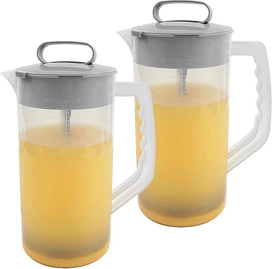 2 Pack Mixing Pitcher for Drinks 2 Quart/ 64oz Plastic Water Pitcher with Lid，Easy-Mix Juice Container，Angled Plastic Blades and Adjustable Mixer Plunger for Juice, Tea, Beverage Container