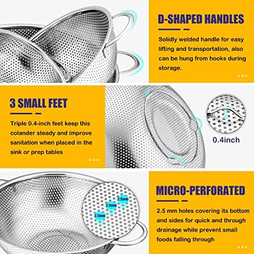 E-far Stainless Steel Colander Set of 3 (1-3-5Quart), Micro-Perforated Metal Colander Strainer with Handle for Kitchen/Draining Pasta/Rinsing Vegetables Fruits, Heavy Duty & Dishwasher Safe