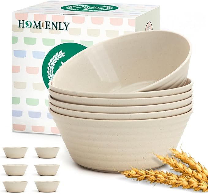 Homienly Premium Wheat Straw Bowls, Unbreakable Large Cereal Bowl Set of 6, Alternative to Plastic Bowls, Microwave & Dishwasher Safe 50 OZ Big Bowl for Home, Outdoor- Beige
