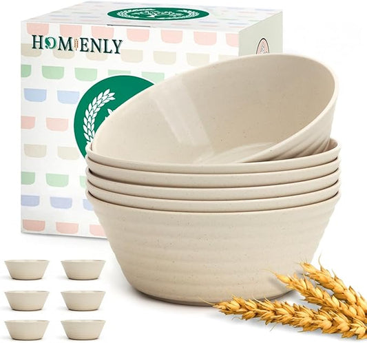 Homienly Premium Wheat Straw Bowls, Unbreakable Large Cereal Bowl Set of 6, Alternative to Plastic Bowls, Microwave & Dishwasher Safe 50 OZ Big Bowl for Home, Outdoor- Beige