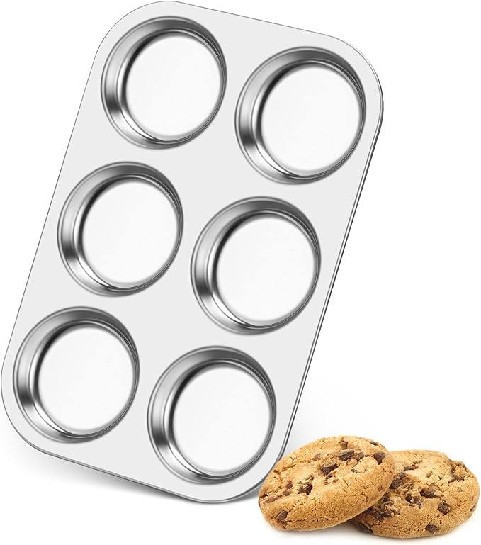 P&P CHEF Muffin Top Pan Set of 1, Stainless Steel 6-Cavity Shallow Cupcake Pans, Standard Bakeware for Eggs, Whoopie Pies, Cornbread, Cookies, Yorkshire Pudding, Easy Clean & Oven Safe, Silver