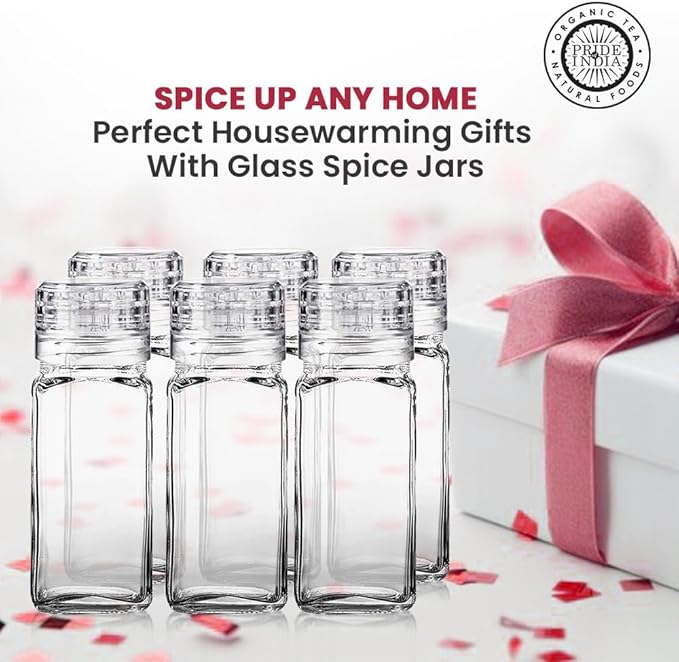 Pride Of India 4 oz Glass Spice Jars with Grinder – Pack of 6 | Clear Square Spice Shaker Set with Adjustable Grinder Cap | Small Jars with Lids for Salt, Pepper, Herbs & Seasoning Storage
