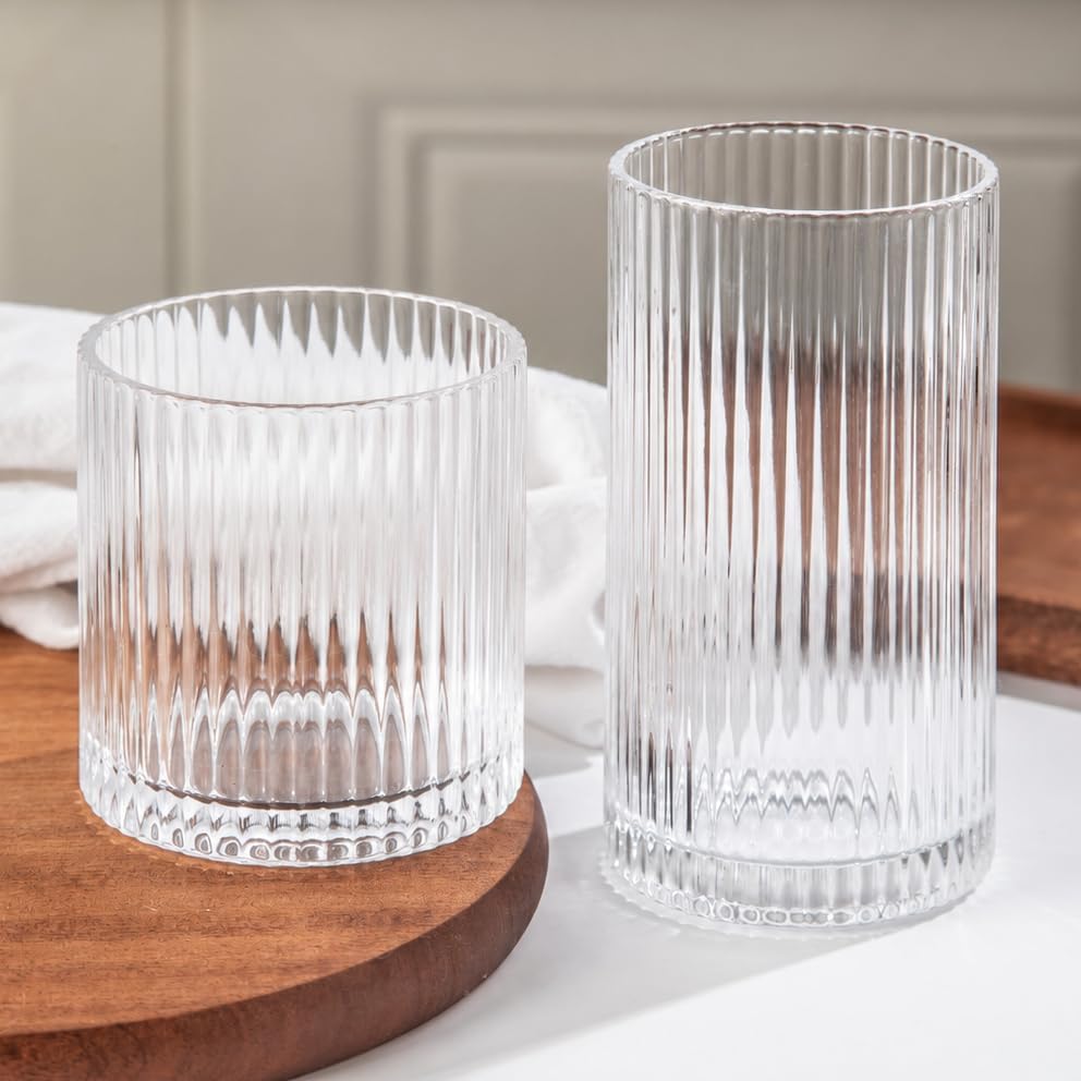 Ribbed Drinking Glasses 8pcs, 12oz and 10oz Glassware, Tumbler Glasses Cup Set for Wedding, Party, Christmas Gift, Clear