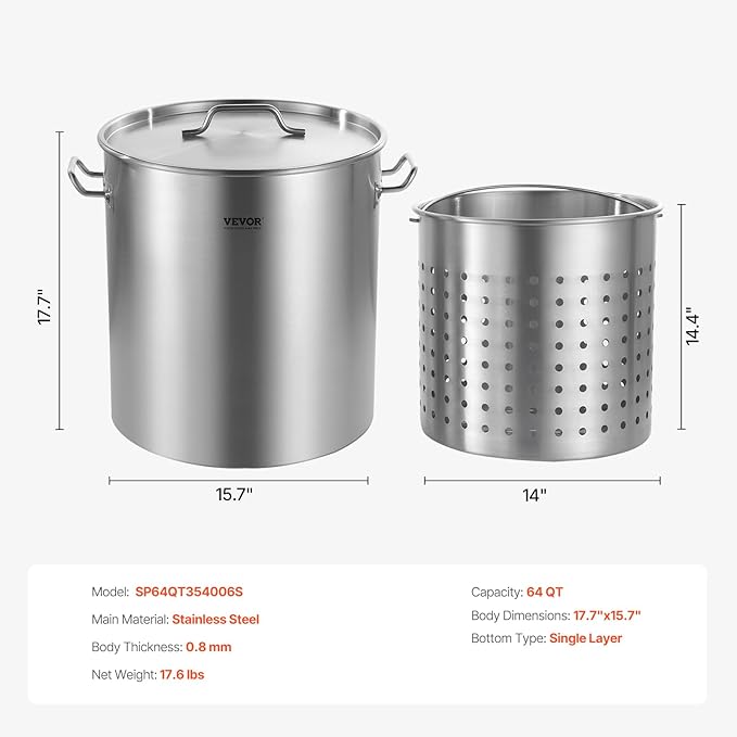 VEVOR Stainless Steel Stockpot, 64 Quart Large Cooking Pots, Cookware Sauce Pot with Basket, Lid, and Handle, Heavy Duty Commercial Grade Stock Pot, Sanding Treatment, for Large Groups Events Silver