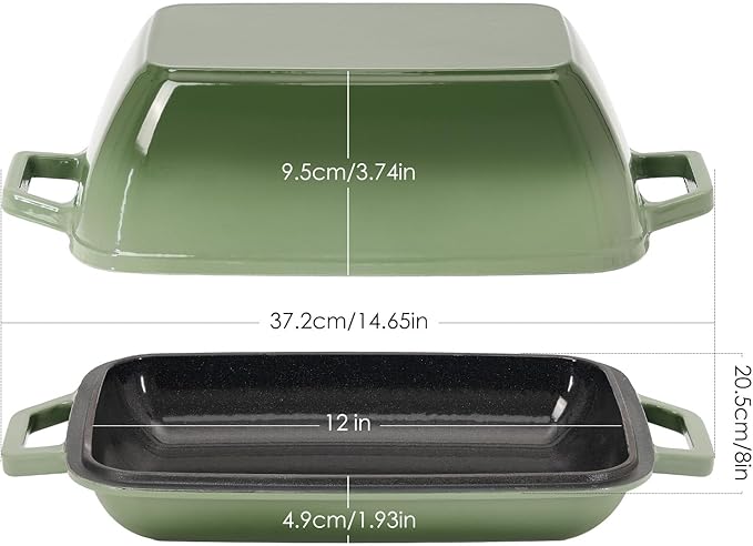 Oval Cast Iron Dutch Oven for Bread Baking 12x8 Inch Enameled Bread Pan with Lid 6QT Cast Iron Bread Dutch Oven for Sourdough，Green